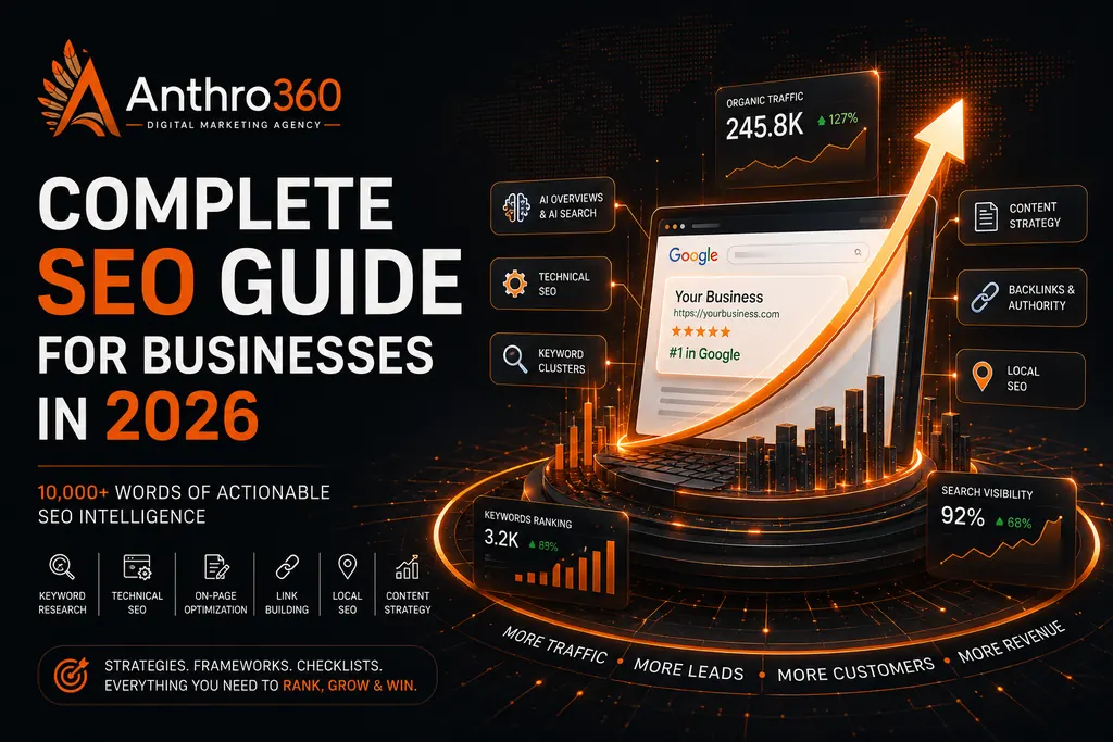 Complete SEO Guide for Businesses in 2026 — keyword research, technical SEO, link building, content strategy, local SEO, and AI search by Anthro360