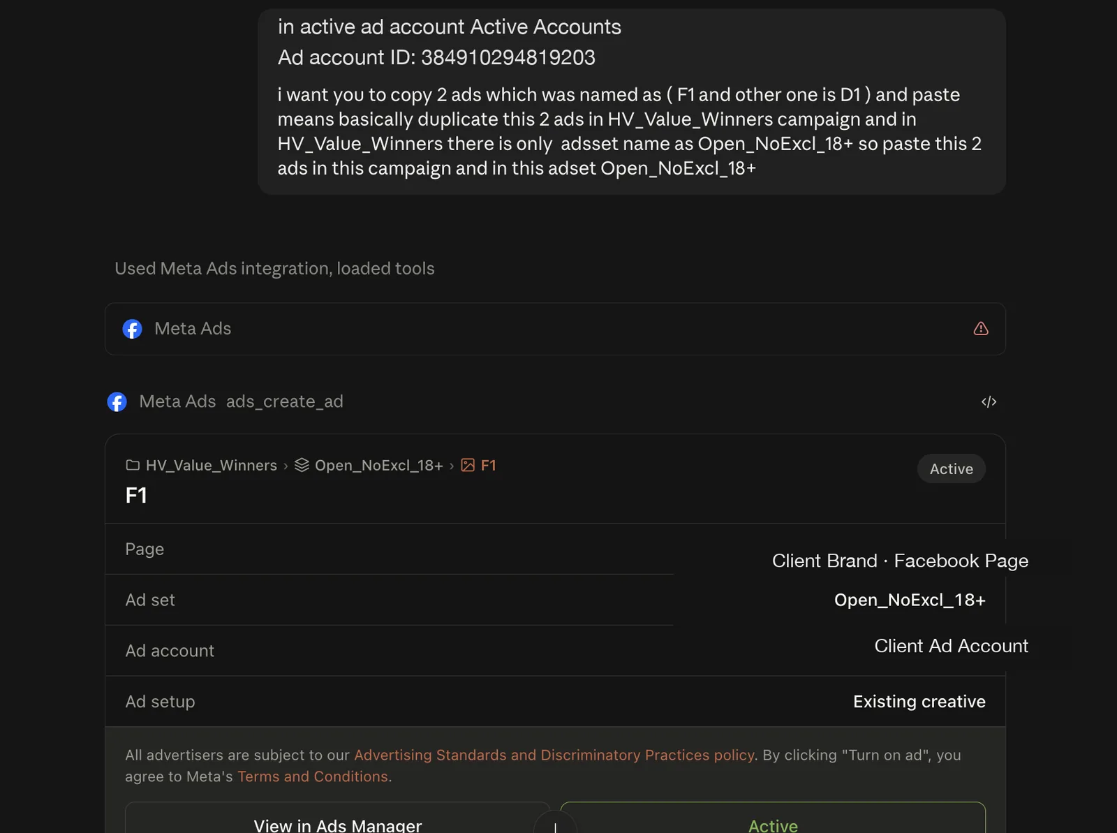 Claude AI automating ad creation and duplication using Meta Ads MCP integration