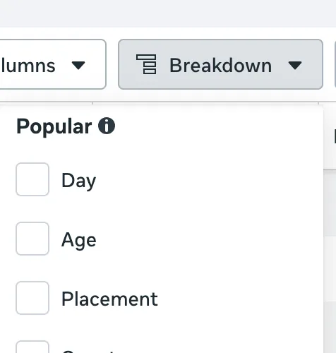 Manual Meta Ads Breakdown Menu — Clicking through nested dropdowns manually