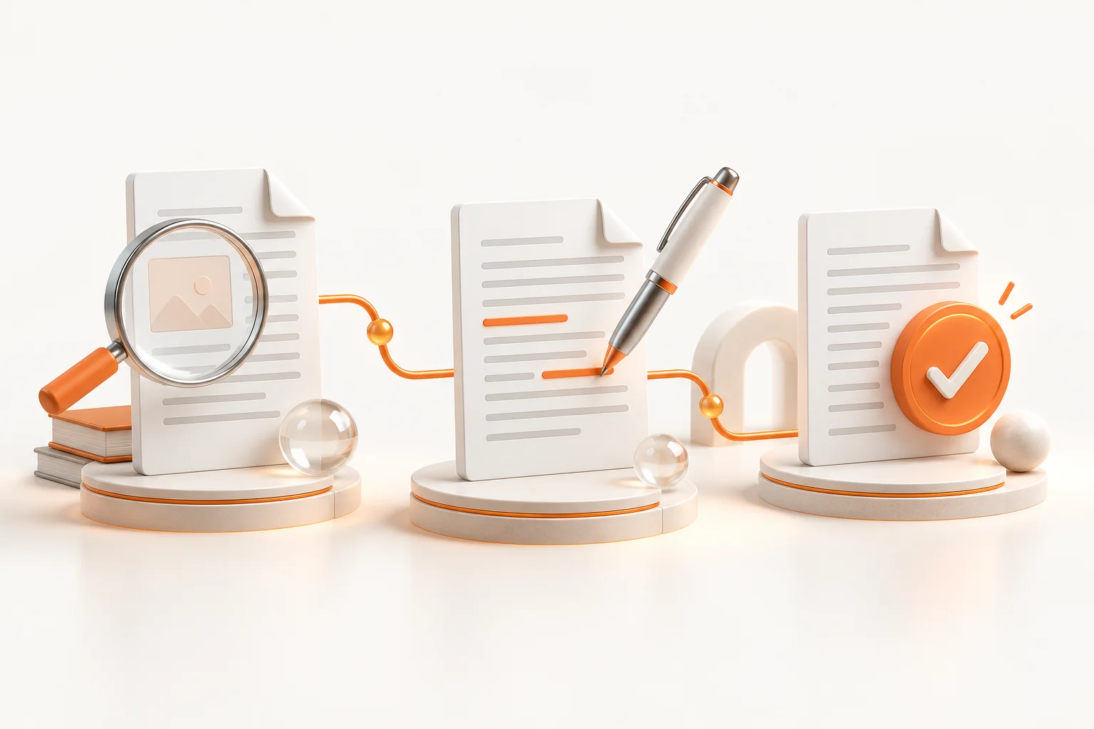 Illustration of research, writing and review stages connected in a content production workflow