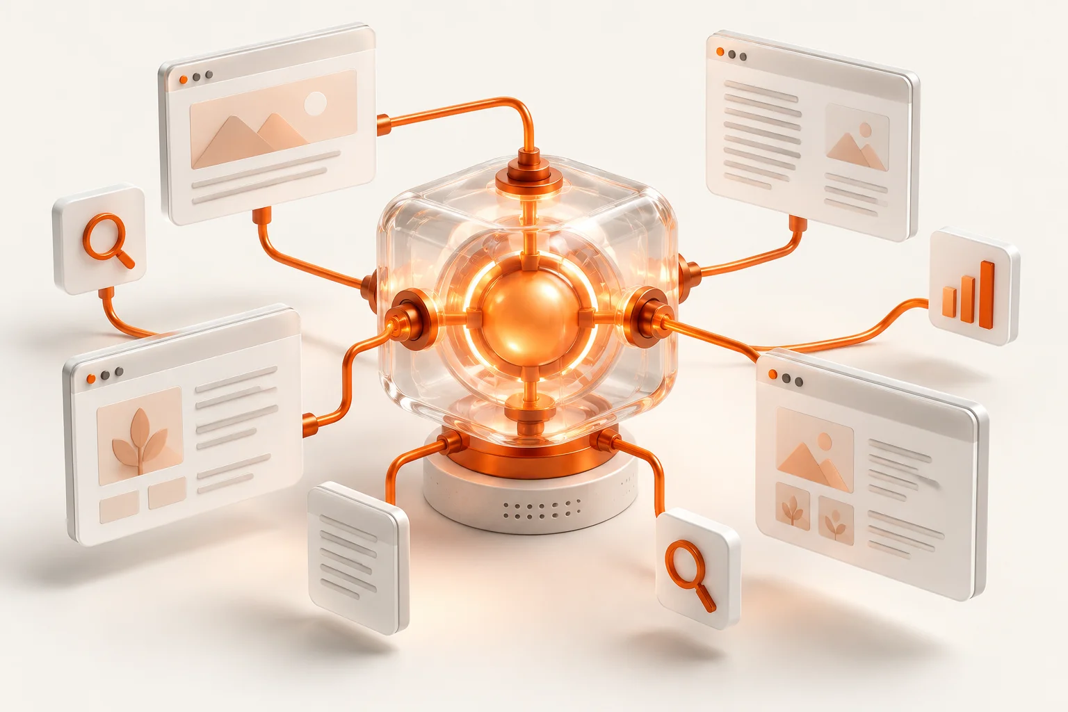 Orange connections link an AI core to search, content and analytics